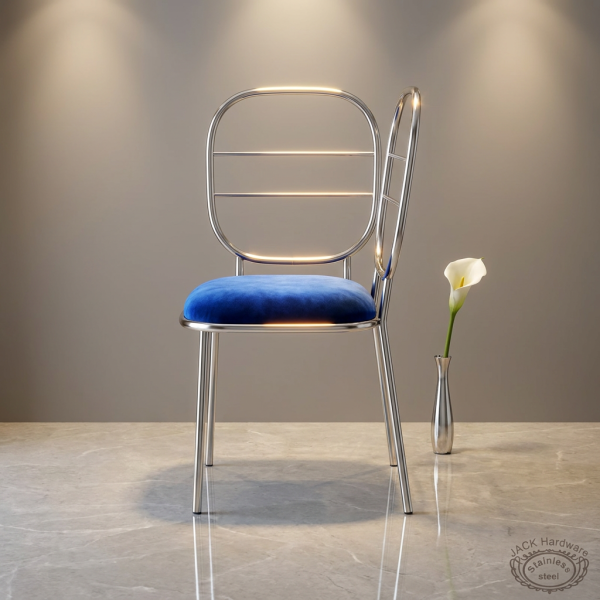 Silver open frame dining chair side view luxury interior clean modern silhouette blue cushion