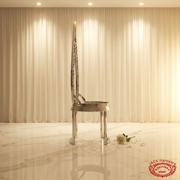 Silver gothic pointed arch chair side view luxury event dramatic tall silhouette warm light marble