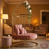 Gold birdcage swing side view luxury villa warm ambient candlelight arch silhouette glow