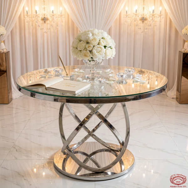 Silver Möbius ring abstract base table at wedding signing station florals guest book chandeliers