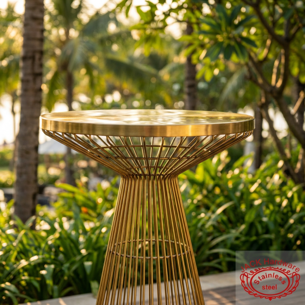 Gold hourglass cocktail table at hotel outdoor garden terrace tropical greenery golden hour