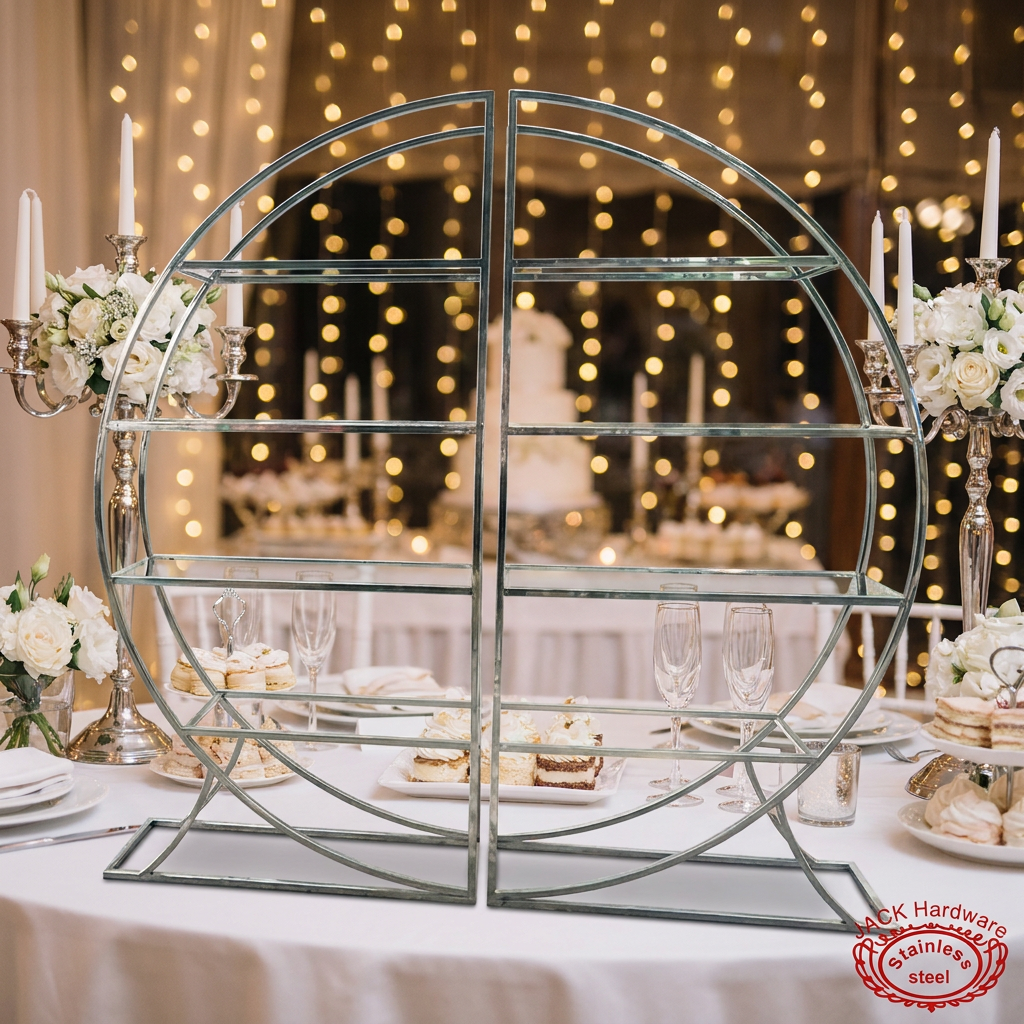 Silver circular wine rack at romantic wedding dessert table with fairy lights