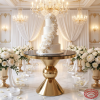 Gold hourglass ball-node cake table with tiered wedding cake white florals chandeliers ballroom
