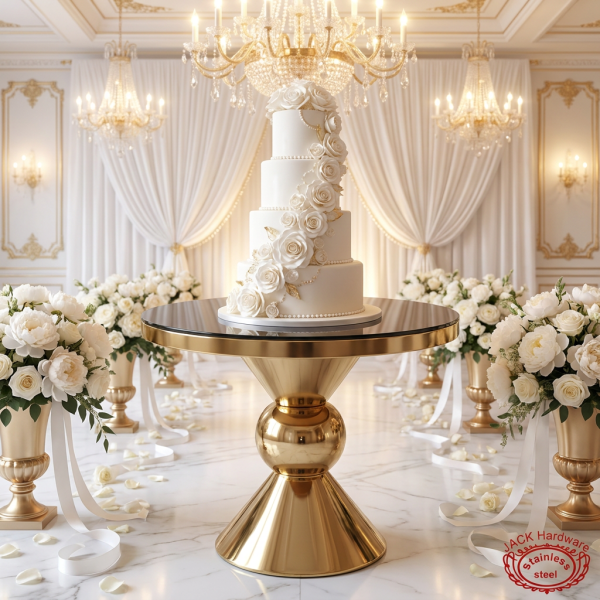 Gold hourglass ball-node cake table with tiered wedding cake white florals chandeliers ballroom