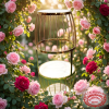 Champagne gold double birdcage stand at outdoor garden wedding pink roses greenery bokeh