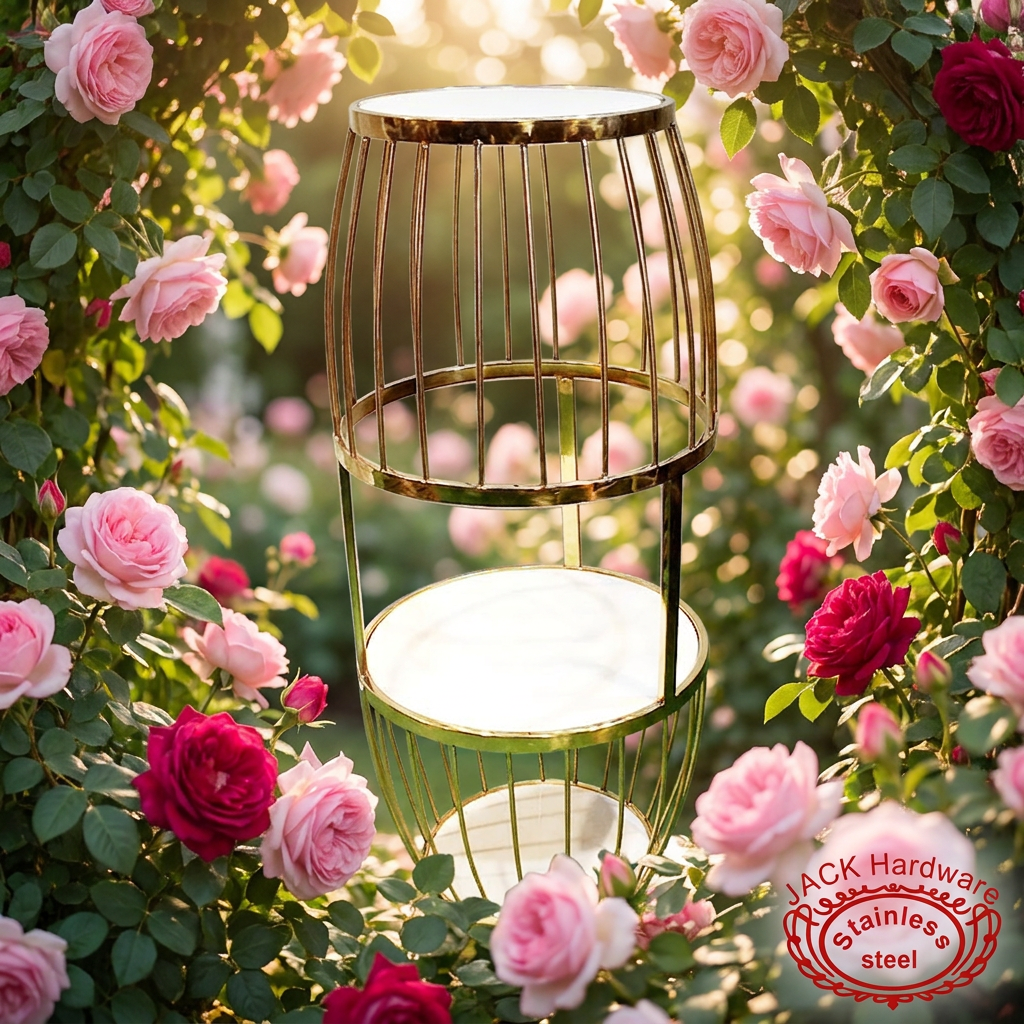 Champagne gold double birdcage stand at outdoor garden wedding pink roses greenery bokeh