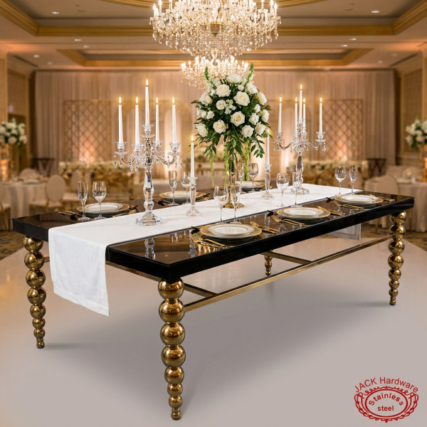Gold ball-node leg black mirror table at luxury hotel banquet hall crystal candelabras chandeliers