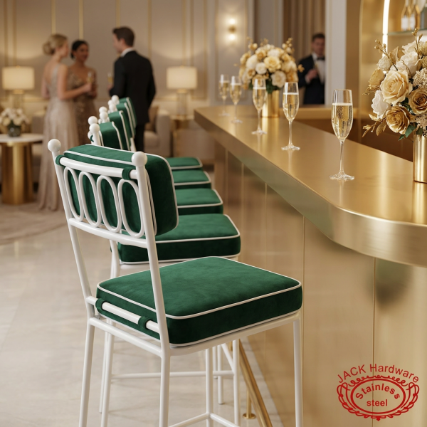 White green velvet bar stools at upscale hotel champagne lounge multiple stools florals
