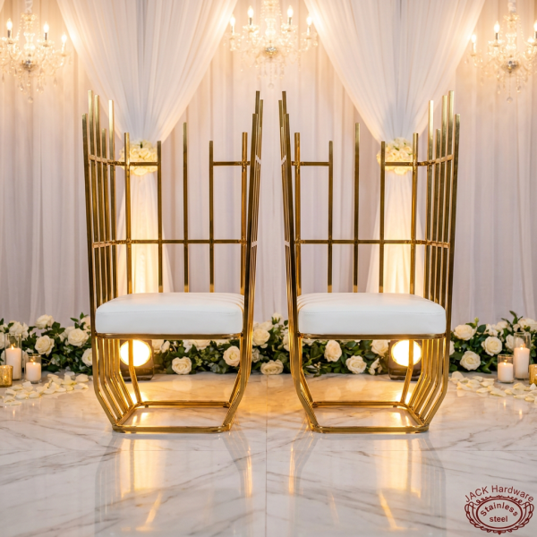 Gold tube throne chair pair side view wedding ceremony warm golden uplighting uplight glow