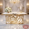 White gold rose carved signing table at wedding entrance guest book florals chandeliers crystal