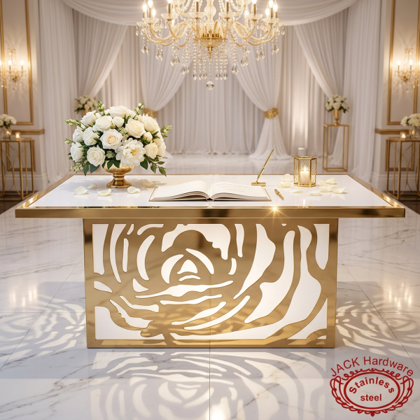 White gold rose carved signing table at wedding entrance guest book florals chandeliers crystal