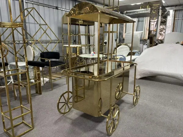 Gold wedding candy cart detail - tempered glass surface decorative arch top wedding dessert cart