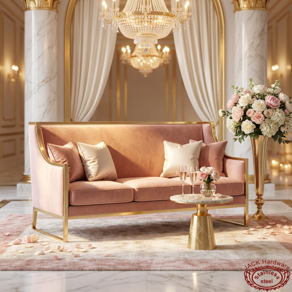 Pink settee at luxury hotel lobby wedding reception florals chandeliers gold trim frame