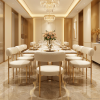 Gold round seat arc backrest boucle chairs at luxury hotel restaurant dinner table chandeliers