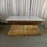 WENDING gold fountain tube-bundle base marble-top dining table sculptural hotel table