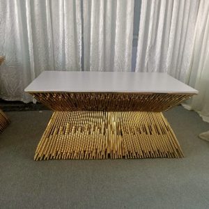 WENDING gold fountain tube-bundle base marble-top dining table sculptural hotel table