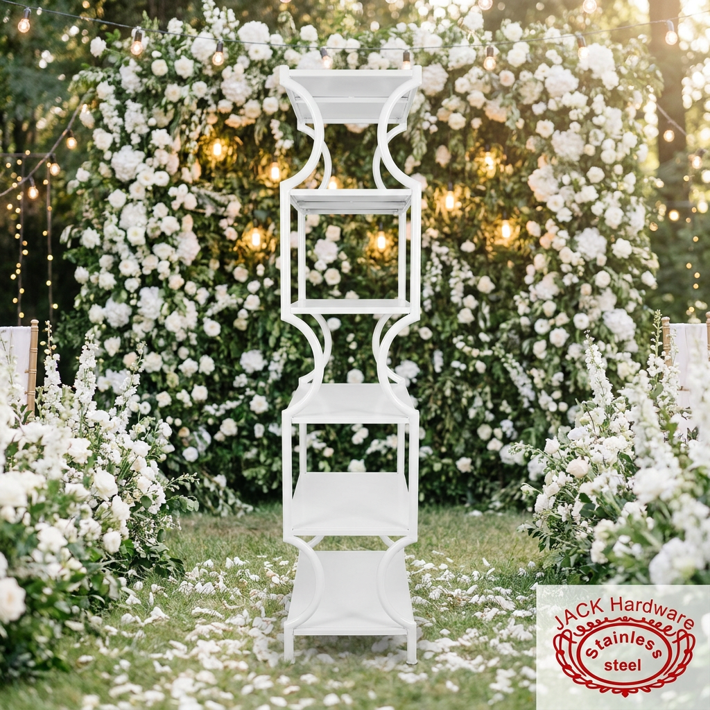 White vase pillar shelf at outdoor garden wedding white florals fairy lights bokeh