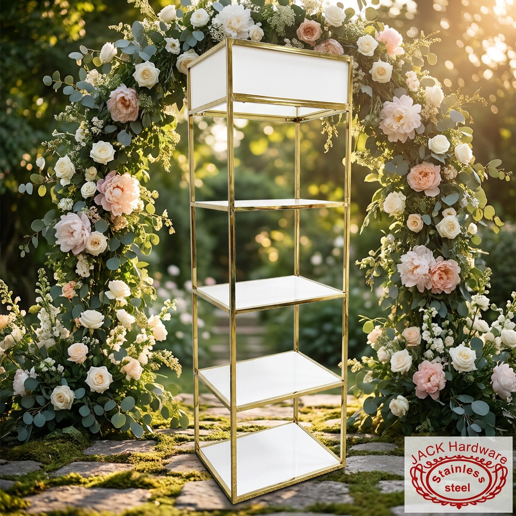 Gold white display shelf at romantic outdoor garden wedding floral arch golden hour bokeh