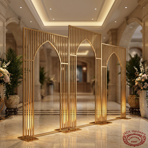Gold gothic arch backdrop panels as hotel lobby room divider marble floors warm gold lighting