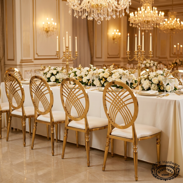 Gold radial arc backrest chairs showing ornate back detail at banquet hall chandeliers