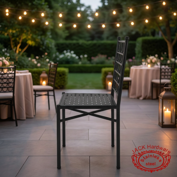 Black iron art chair at modern hotel outdoor terrace garden event string lights