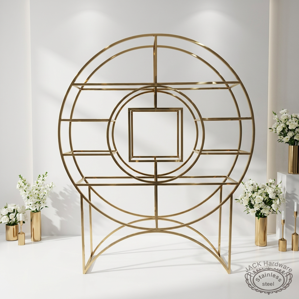 Gold concentric circle stand at modern minimalist luxury hotel gold white decor architectural lighting