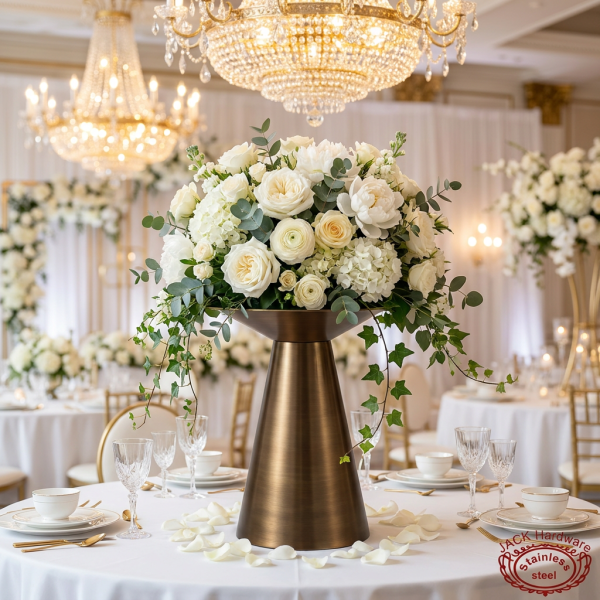Antique bronze flared trumpet stand at wedding centerpiece white roses bronze texture chandelier