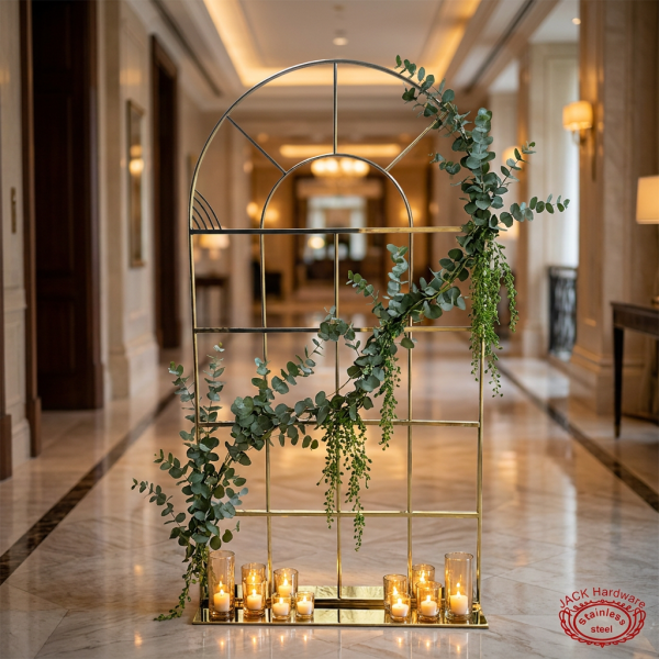 Gold arch window frame as hotel event decorative installation greenery eucalyptus candlelight marble floors