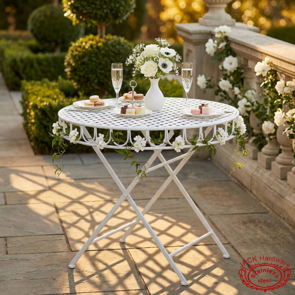 White lattice folding table at hotel terrace garden wedding florals 45 degree shadow pattern