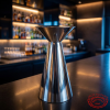 Silver trumpet bar table at modern hotel bar LED ambient lighting dark polished surfaces