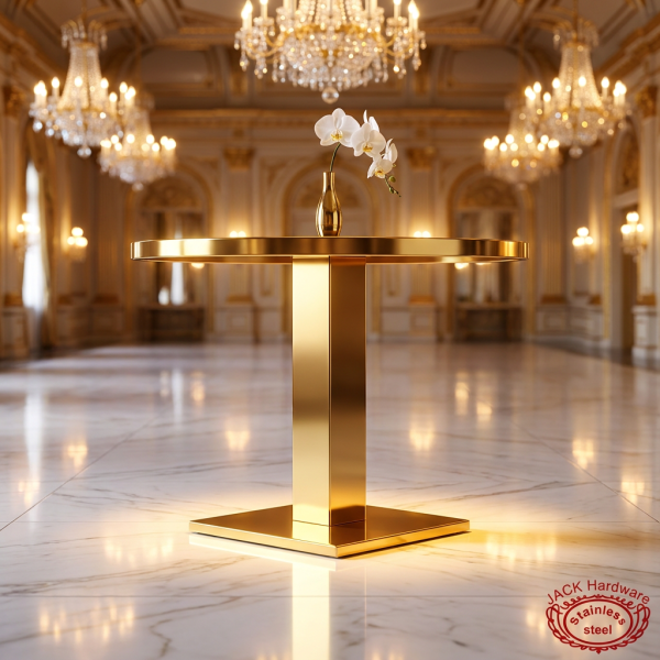Gold round square column table side view grand ballroom warm spotlight architectural shadow marble