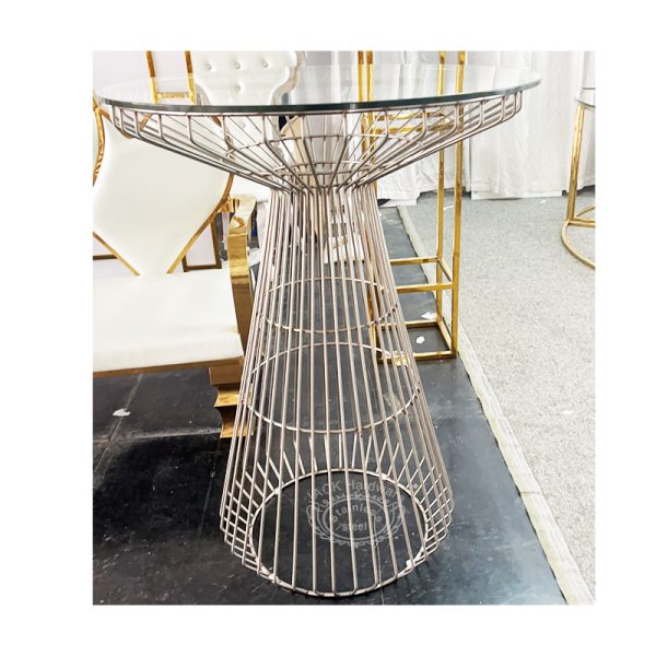 WENDING rose gold cage-base round cocktail bar table wire frame glass top stand