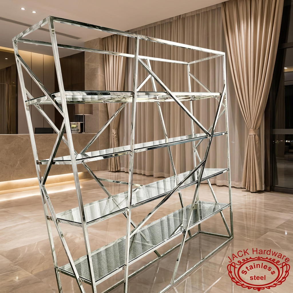 Wide format glass shelf at modern hotel lobby marble floors champagne drapes