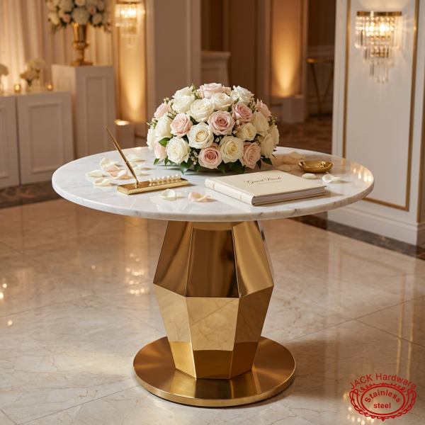 White marble round table at hotel wedding signing table florals pen guest book faceted column
