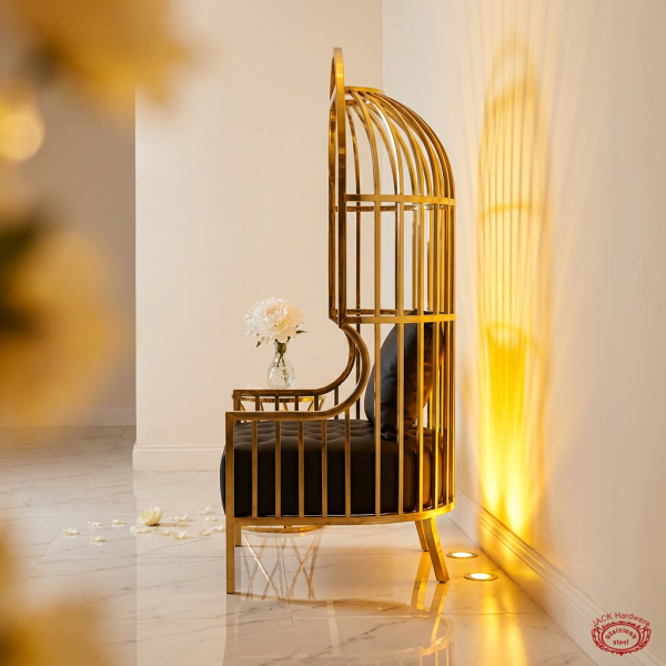 Gold birdcage throne side view wedding VIP zone arch shadow radiating golden glow marble