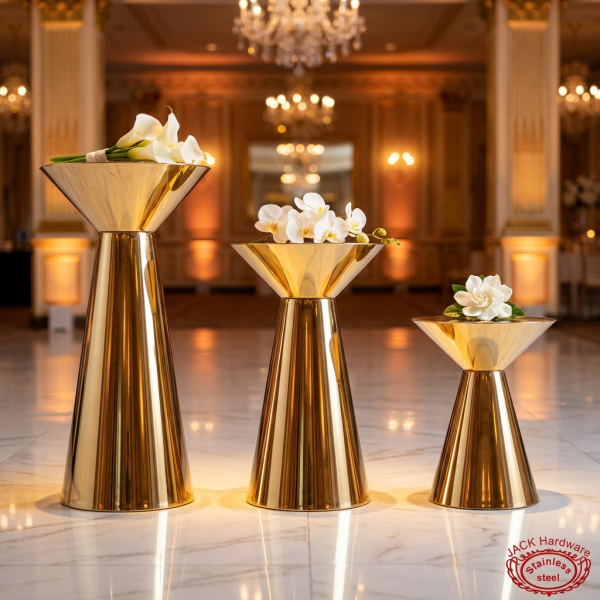 Gold hourglass 3 stands side view grand ballroom cascading heights marble reflections warm