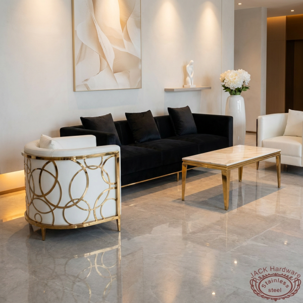 Gold ring sofa set side view modern luxury hotel interior warm light all pieces