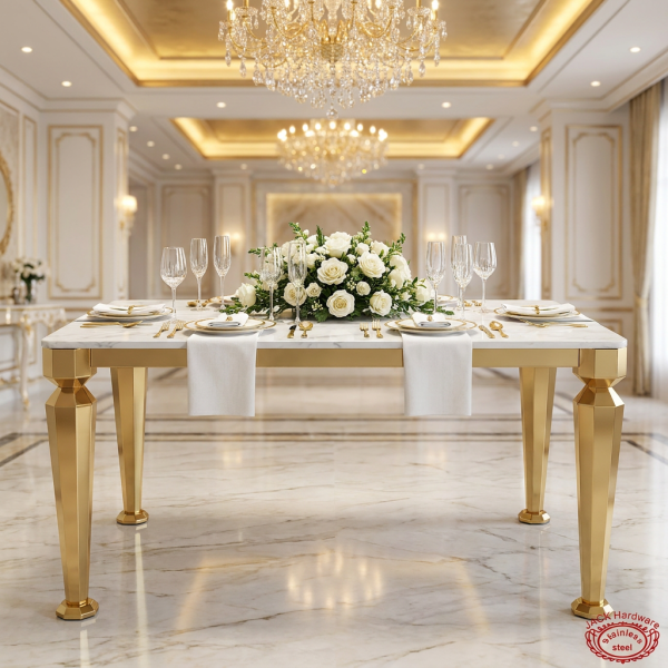 Gold splayed angled leg dining table at hotel banquet hall white linen roses chandeliers