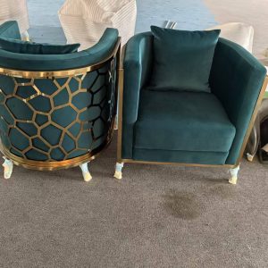 WENDING emerald green velvet honeycomb barrel armchair pair gold frame hotel VIP chair