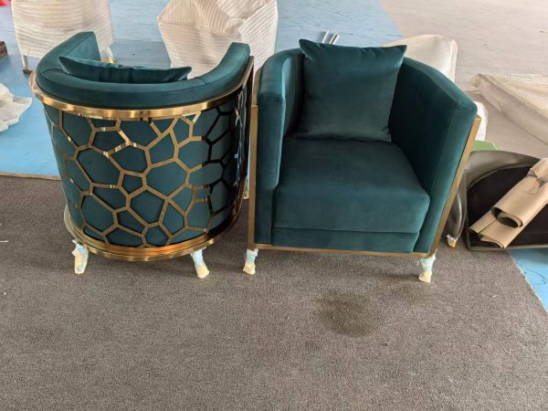 WENDING emerald green velvet honeycomb barrel armchair pair gold frame hotel VIP chair
