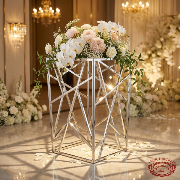 Silver diagonal crosshatch mesh pedestal hotel wedding setup 45 degree geometric pattern spotlights