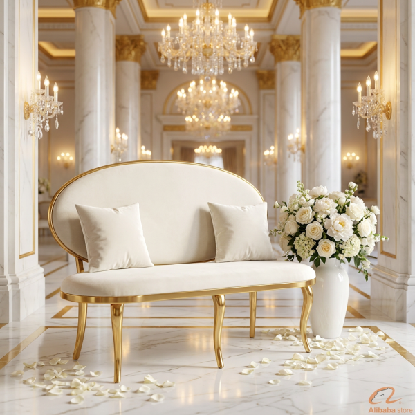White oval bench sofa at luxury hotel lobby wedding reception florals chandeliers marble