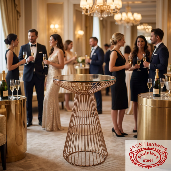 Champagne cage bar table at modern hotel champagne reception guests socializing