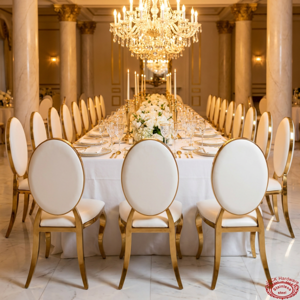 Gold oval upholstered chairs at wedding banquet hall long dinner table chandeliers cabriole legs