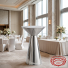 Silver funnel high-top table at hotel banquet pre-function area floor-to-ceiling windows daylight