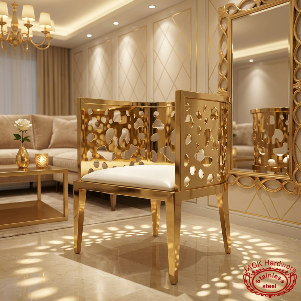 Gold perforated hole armchair hotel VIP area 45 degree circular cutout pattern light projection