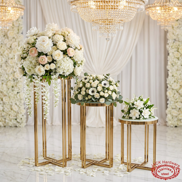 Gold 3-piece round pedestal stands at wedding floral display white peonies roses chandeliers