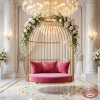 Gold birdcage swing at luxury hotel lobby bridal suite white florals crystal chandeliers marble