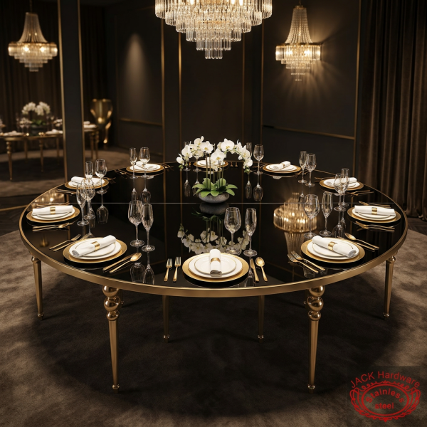 Gold round black mirror table at hotel VIP dining black mirror top reflections chandeliers dramatic