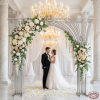 Silver multi-tube fan arch at grand wedding ceremony decorated white blush florals couple beneath chandeliers